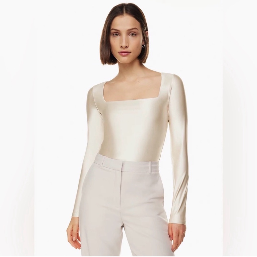 Nwt Babaton Satinete Squareneck Matte Pearl Longsleeve Bodysuit Small Balletcore